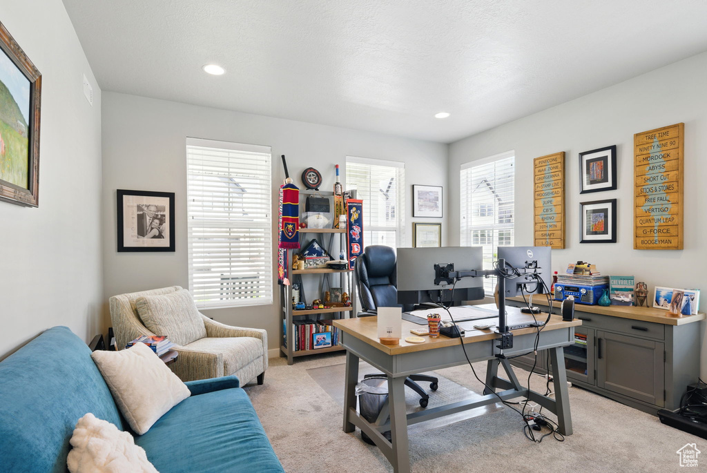 Office with light colored carpet and recessed lighting