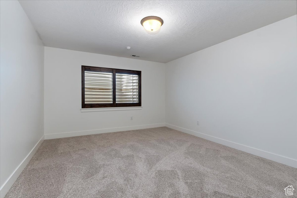 Carpeted spare room with a textured ceiling and baseboards