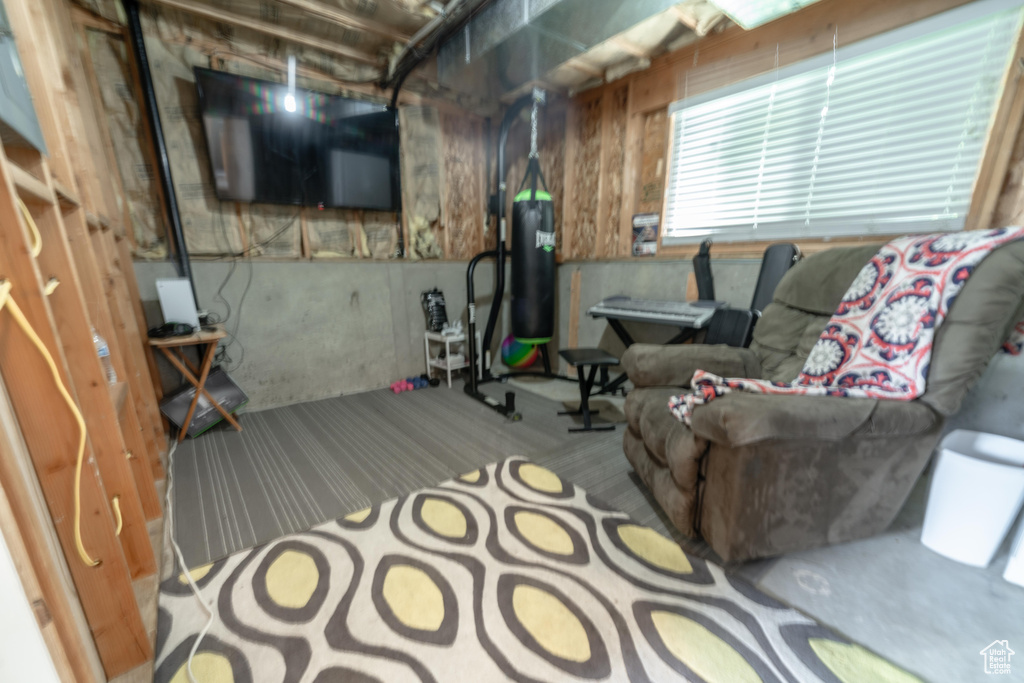 Living area with carpet flooring