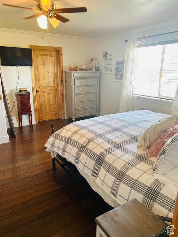Bedroom with dark wood-style floors, crown molding, and ceiling fan