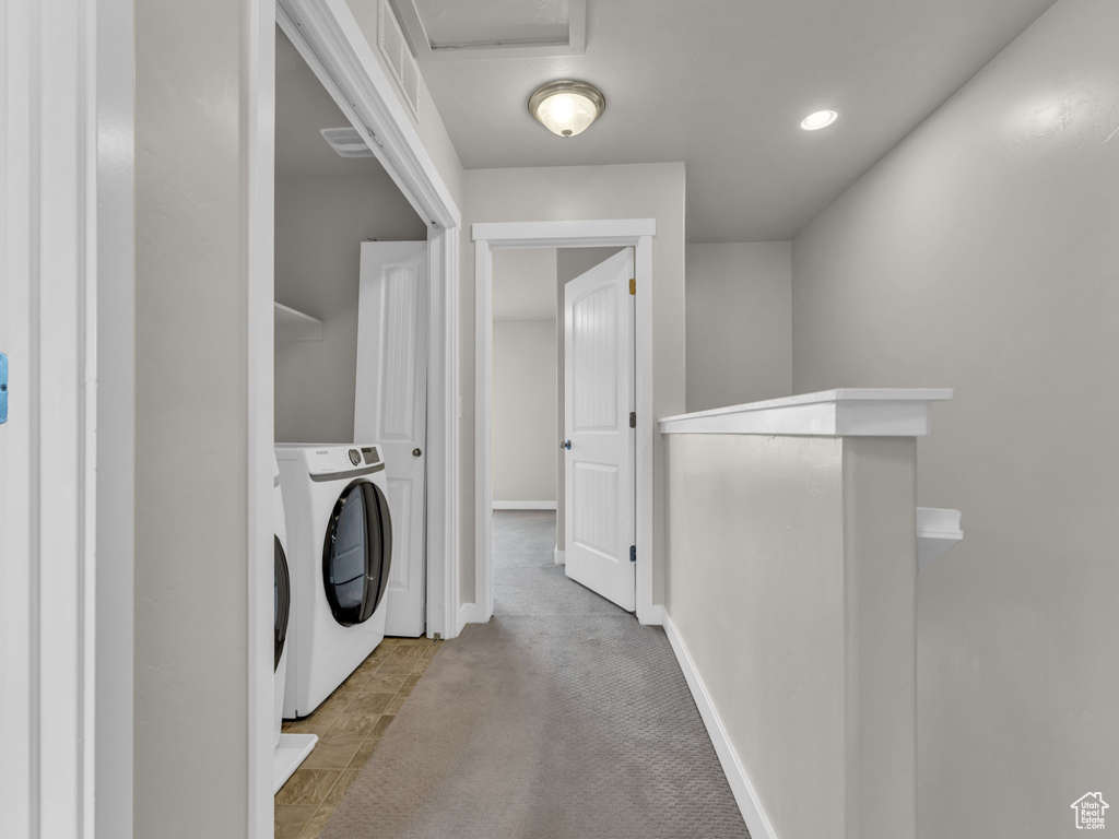 Laundry room featuring washer / clothes dryer, recessed lighting, carpet floors, and baseboards