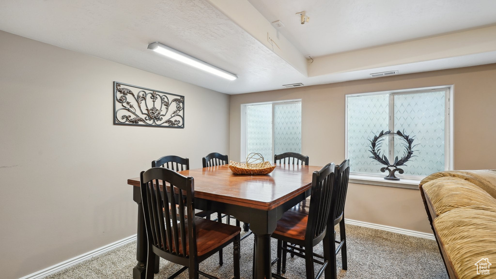 Carpeted dining room with baseboards