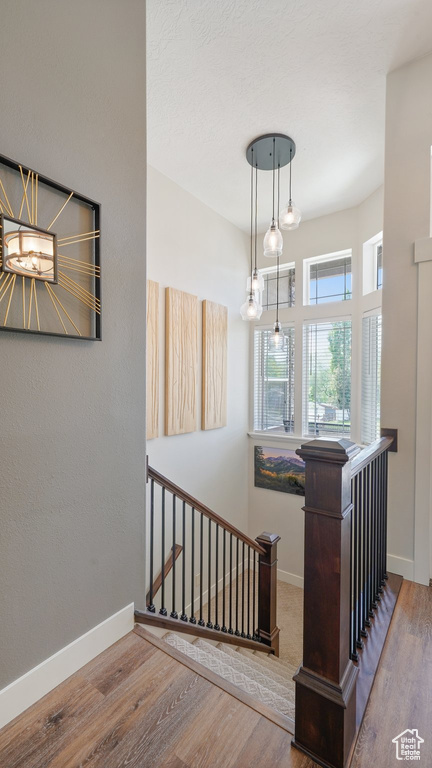 Stairway featuring wood finished floors and baseboards