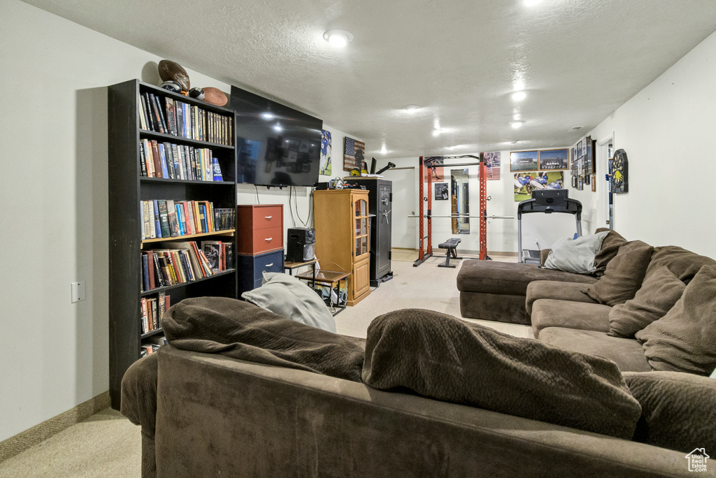 Living room with light colored carpet and baseboards