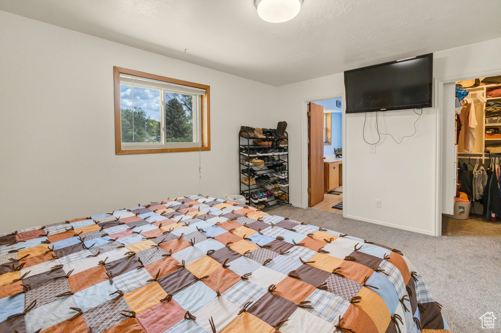 Bedroom with a spacious closet, a closet, light colored carpet, and connected bathroom