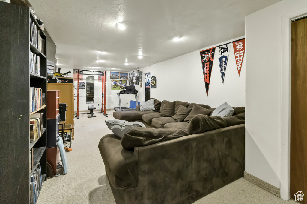 Living area featuring carpet floors and baseboards