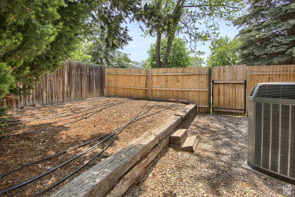 Fenced backyard with central AC and a gate