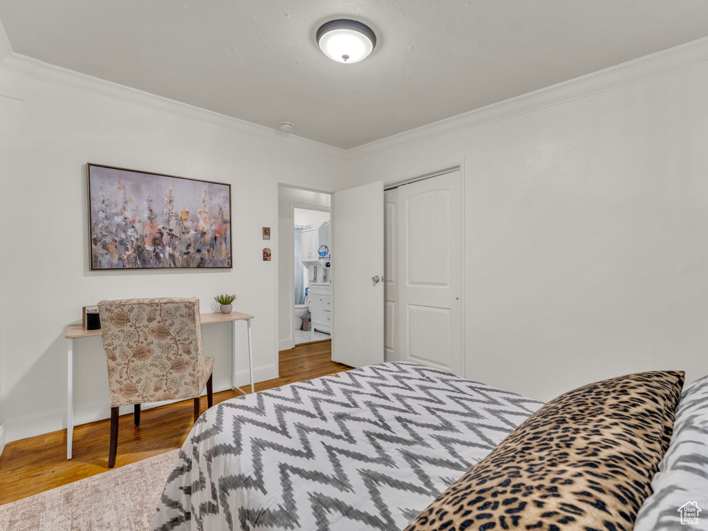 Bedroom with crown molding, wood finished floors, a closet, and baseboards