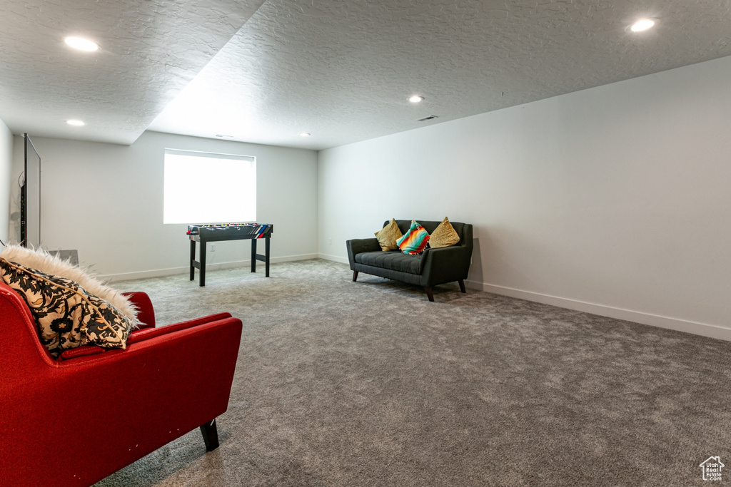 Living area with carpet floors, a textured ceiling, recessed lighting, and baseboards