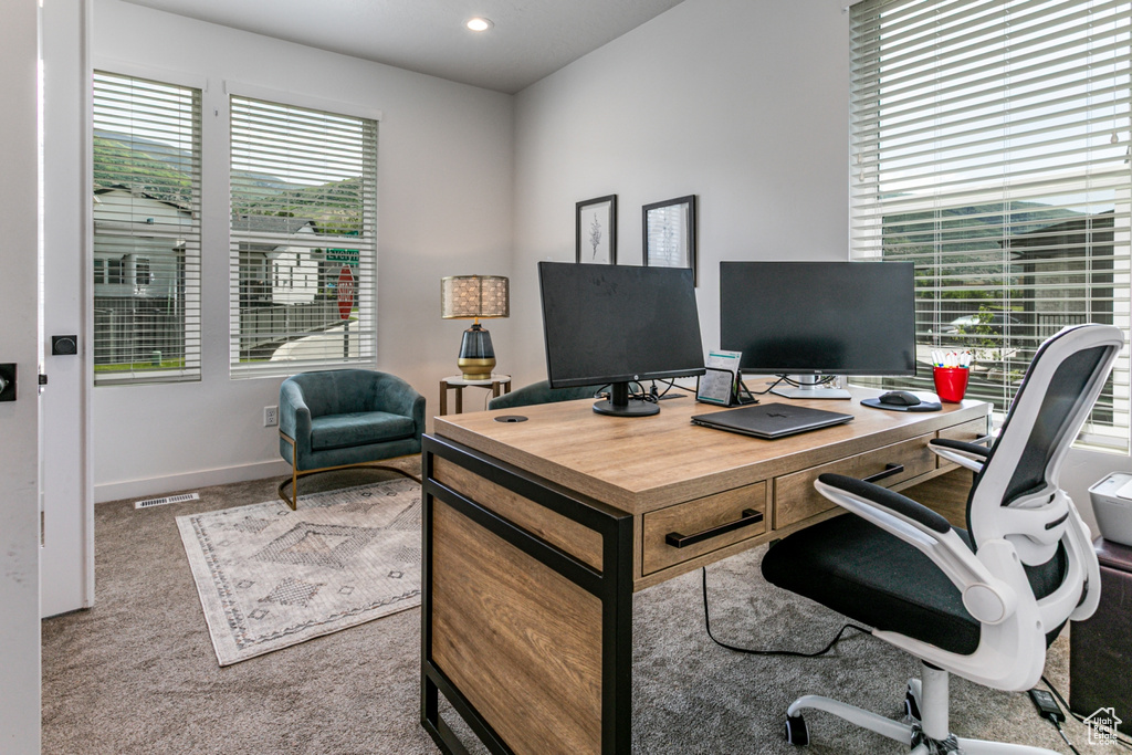 Home office featuring carpet flooring, baseboards, and recessed lighting