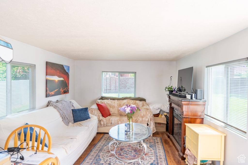 Living room with wood finished floors and a fireplace