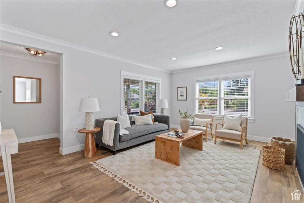 Living room with baseboards, crown molding, light wood-type flooring, and recessed lighting