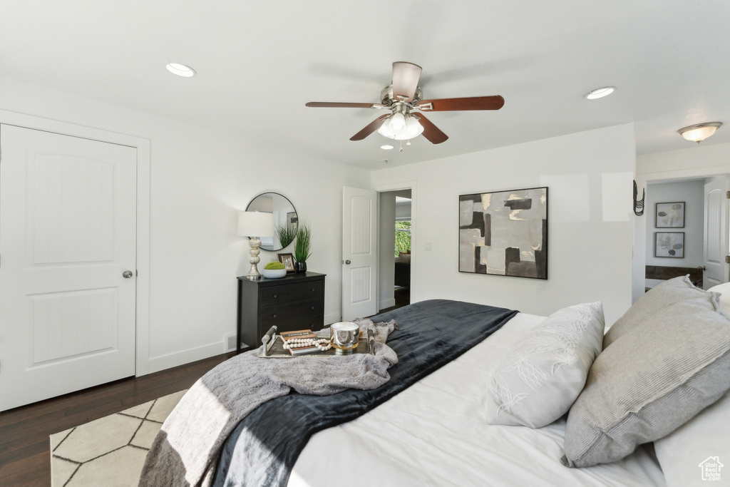 Bedroom with recessed lighting, wood finished floors, and ceiling fan