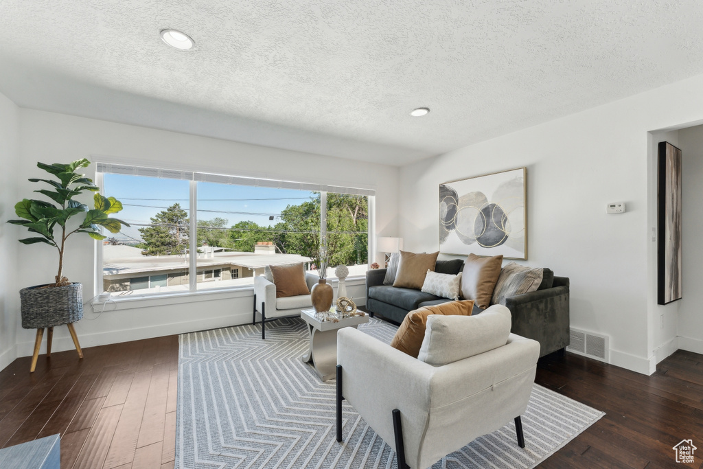 Living area featuring wood-type flooring, a textured ceiling, baseboards, and recessed lighting