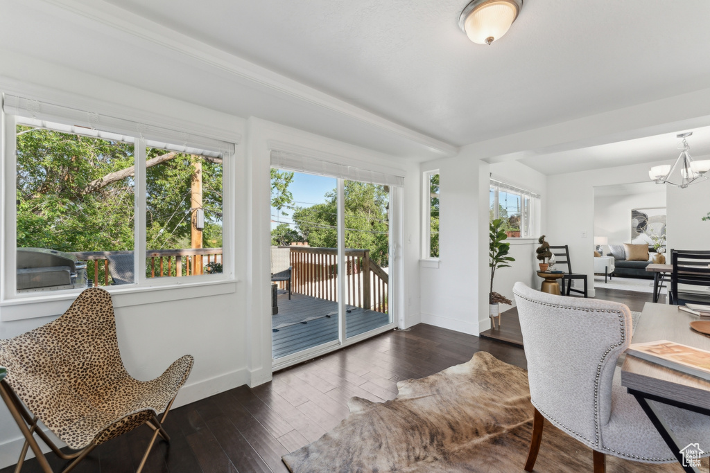 Office area featuring baseboards, dark wood-type flooring, and a chandelier