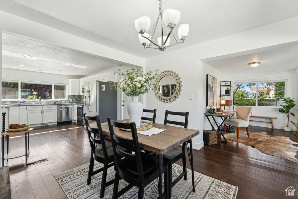 Dining space with plenty of natural light, a chandelier, dark wood finished floors, and baseboards