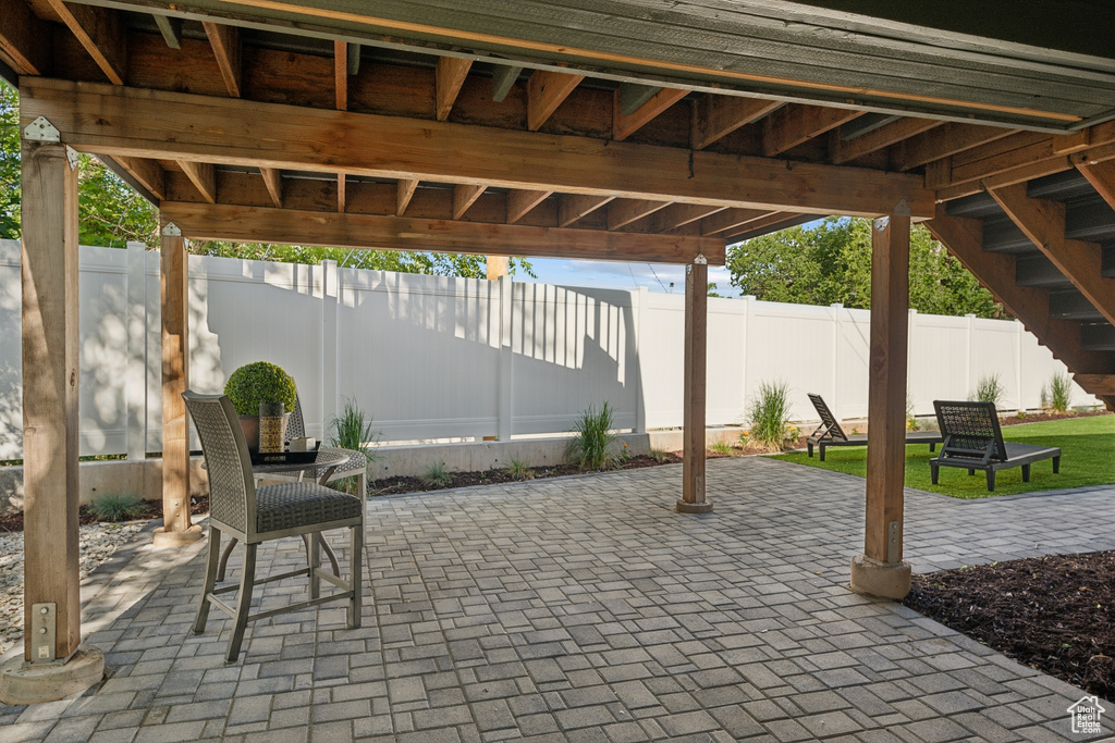 Fenced backyard featuring a patio