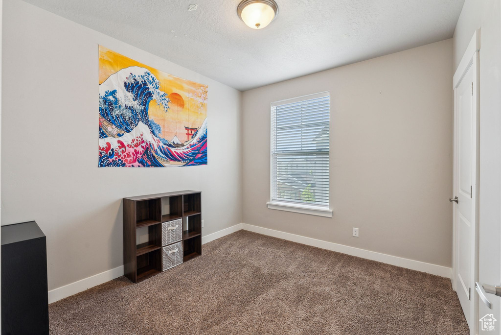 Interior space featuring carpet floors, baseboards, and a textured ceiling