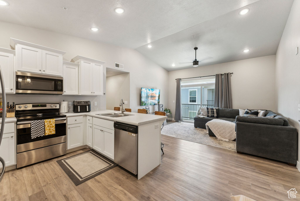 Kitchen with stainless steel appliances, a sink, open floor plan, lofted ceiling, and a ceiling fan