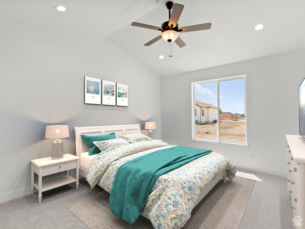 Bedroom featuring carpet floors, vaulted ceiling, recessed lighting, and a ceiling fan