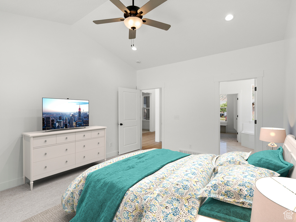 Bedroom with high vaulted ceiling, recessed lighting, and ceiling fan