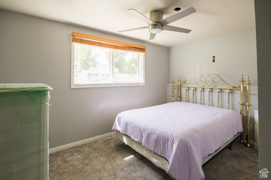 Bedroom featuring carpet, a ceiling fan, and baseboards