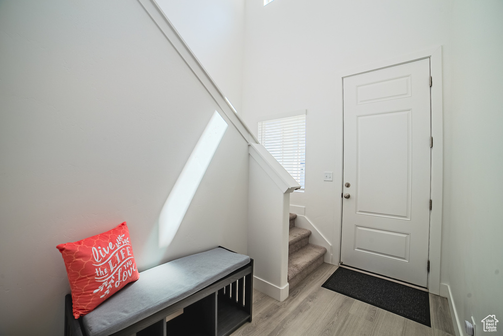 Mudroom with light wood finished floors, baseboards, and healthy amount of natural light