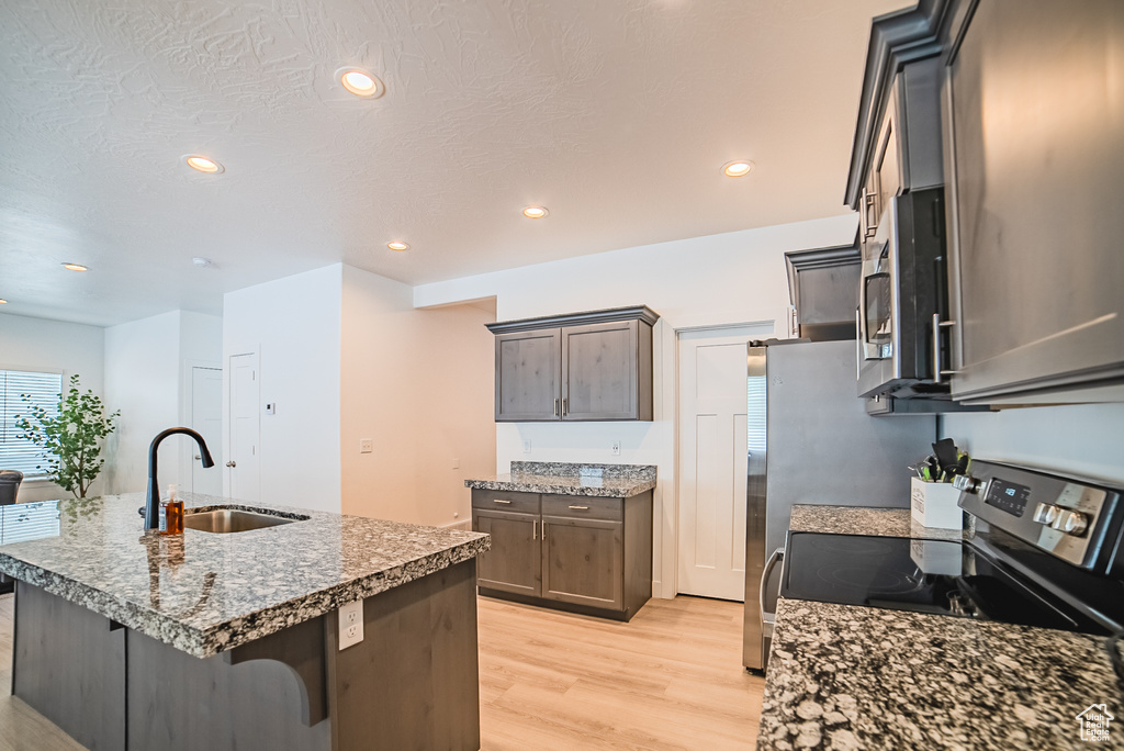 Kitchen featuring a sink, stainless steel appliances, light wood-style floors, a center island with sink, and recessed lighting