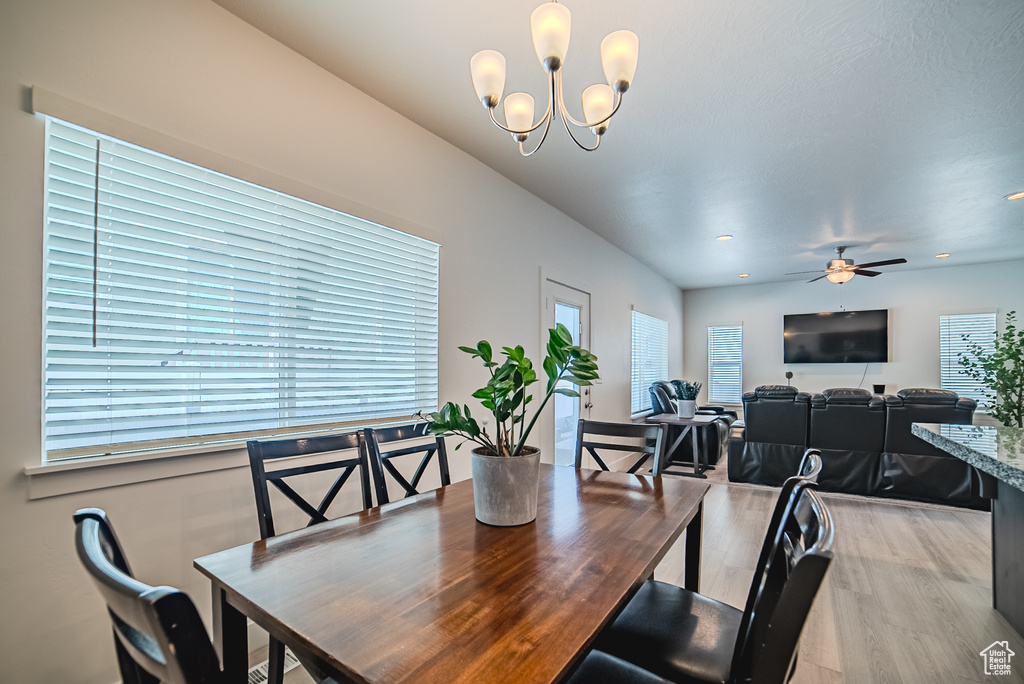 Dining room featuring plenty of natural light, a chandelier, light wood finished floors, and ceiling fan