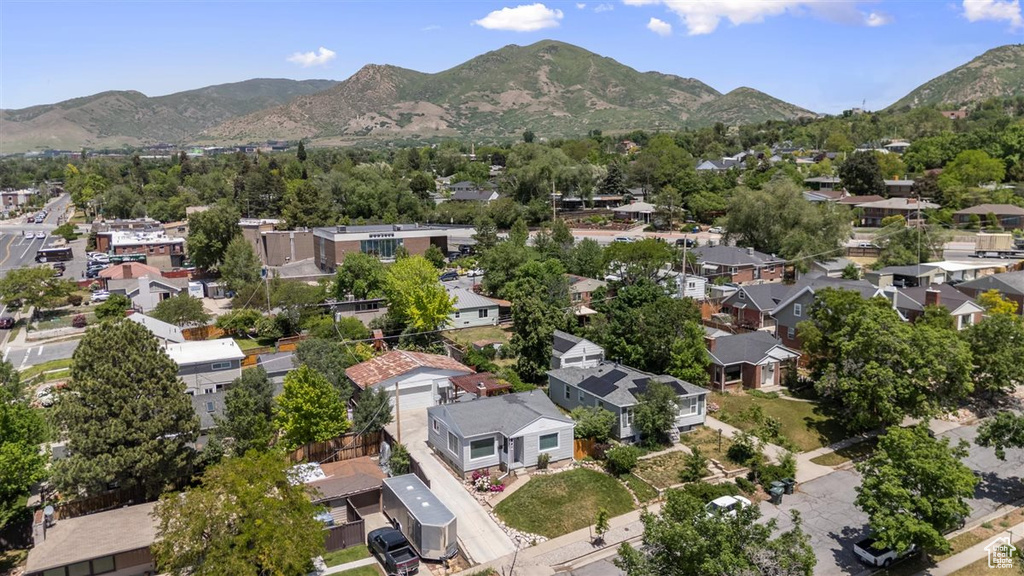 Aerial view of residential area with mountains