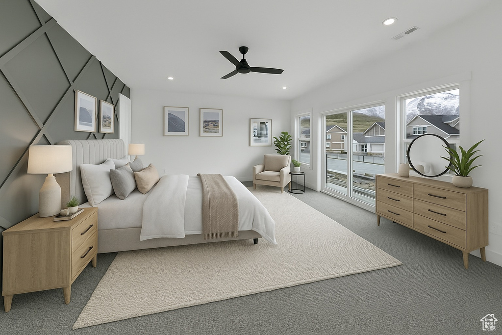 Bedroom featuring access to exterior, light colored carpet, recessed lighting, and a ceiling fan