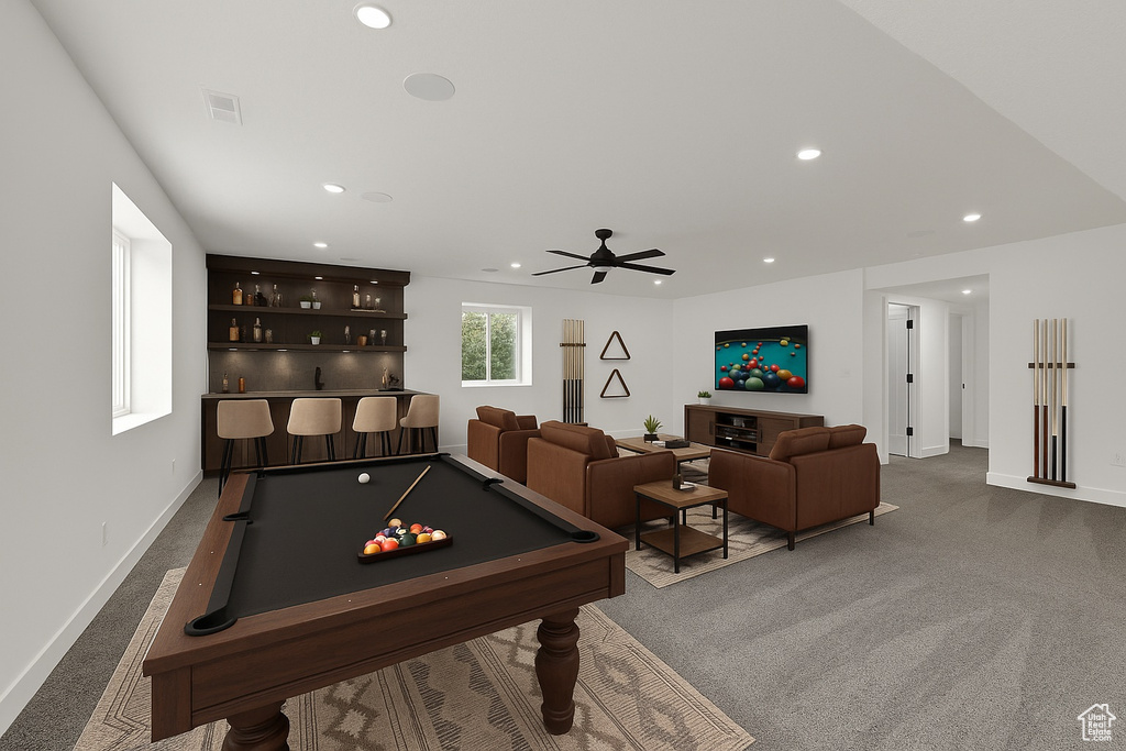 Game room featuring recessed lighting, carpet flooring, billiards table, and ceiling fan