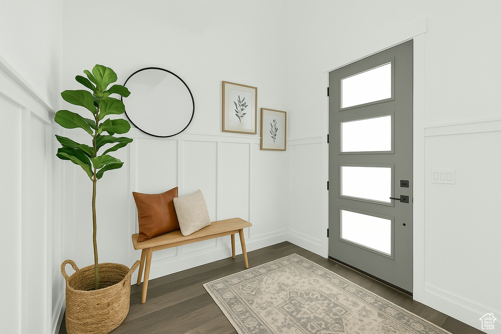 Entrance foyer with dark wood-style flooring and a decorative wall