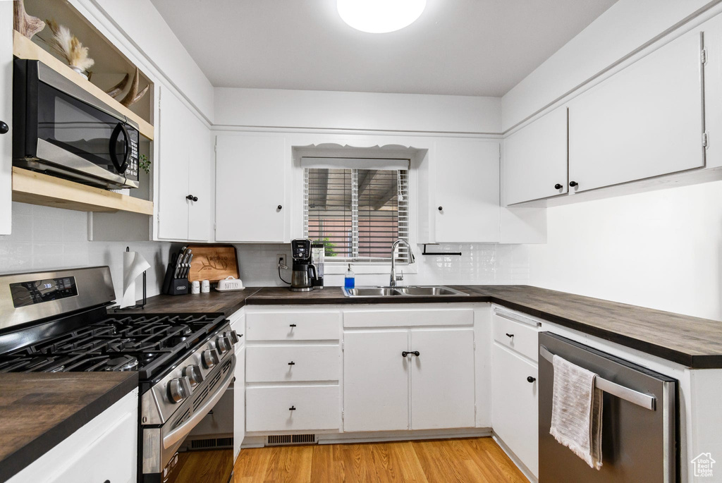 Kitchen with appliances with stainless steel finishes, a sink, decorative backsplash, white cabinetry, and light wood-type flooring