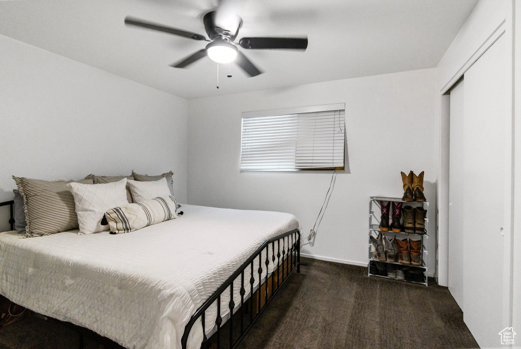 Bedroom featuring carpet flooring, a closet, a ceiling fan, and baseboards