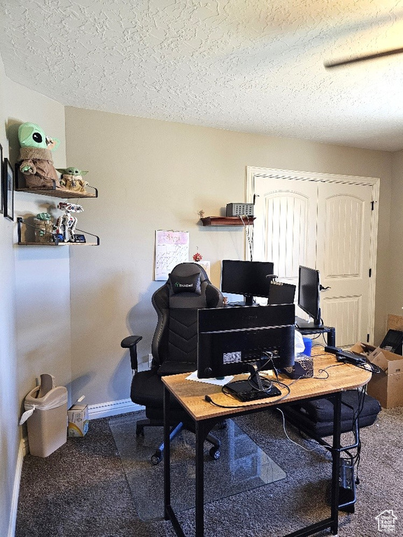 Office space featuring baseboards, a textured ceiling, and carpet flooring