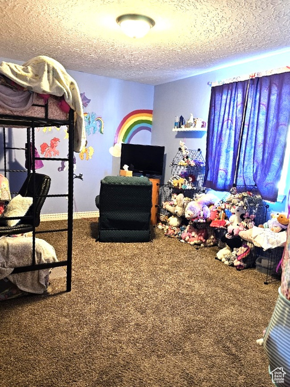 Carpeted bedroom with a textured ceiling
