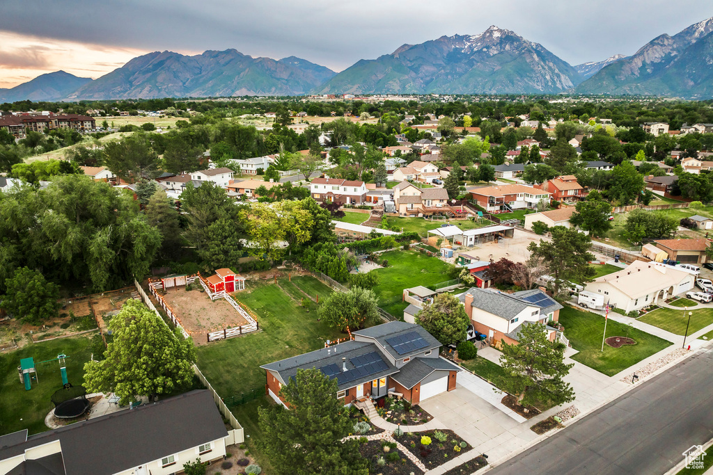 Aerial perspective of suburban area with mountains