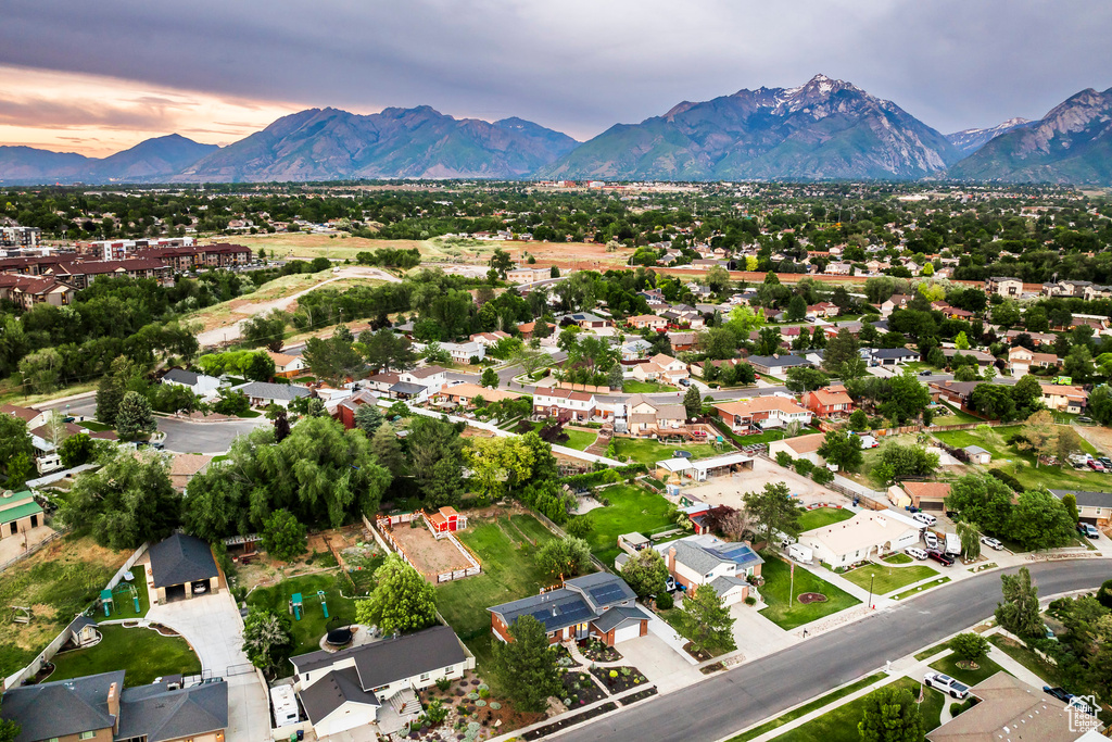 Aerial view of residential area with mountains