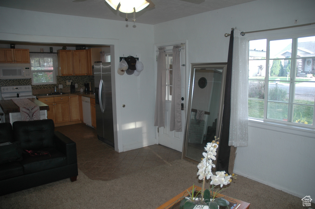 Living room with a ceiling fan, healthy amount of natural light, and carpet flooring