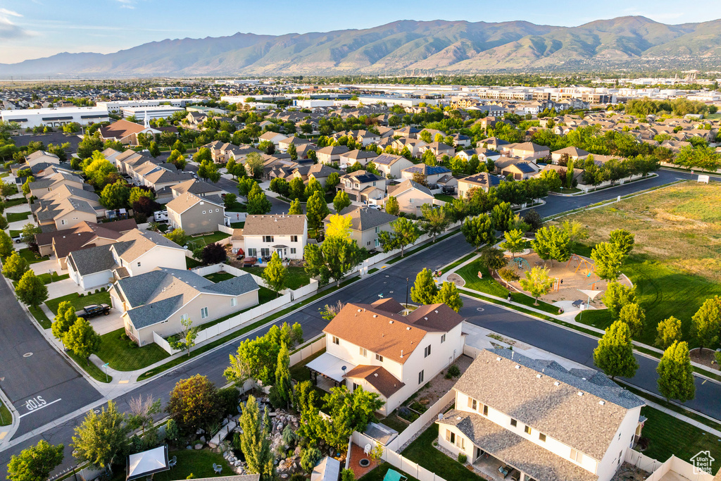 Aerial view of residential area with mountains