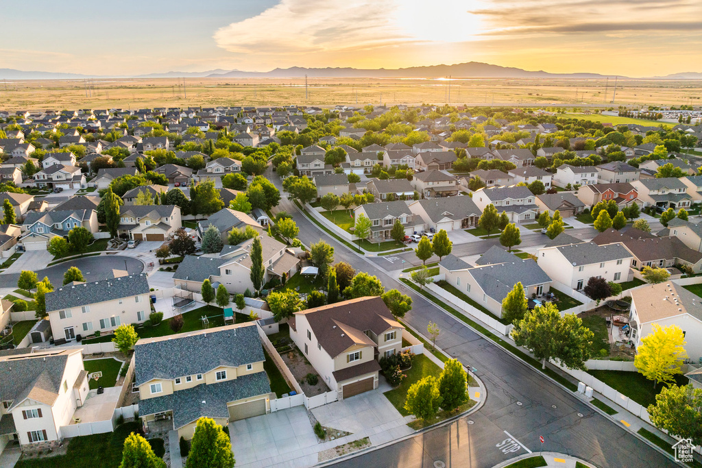Aerial view of residential area with mountains