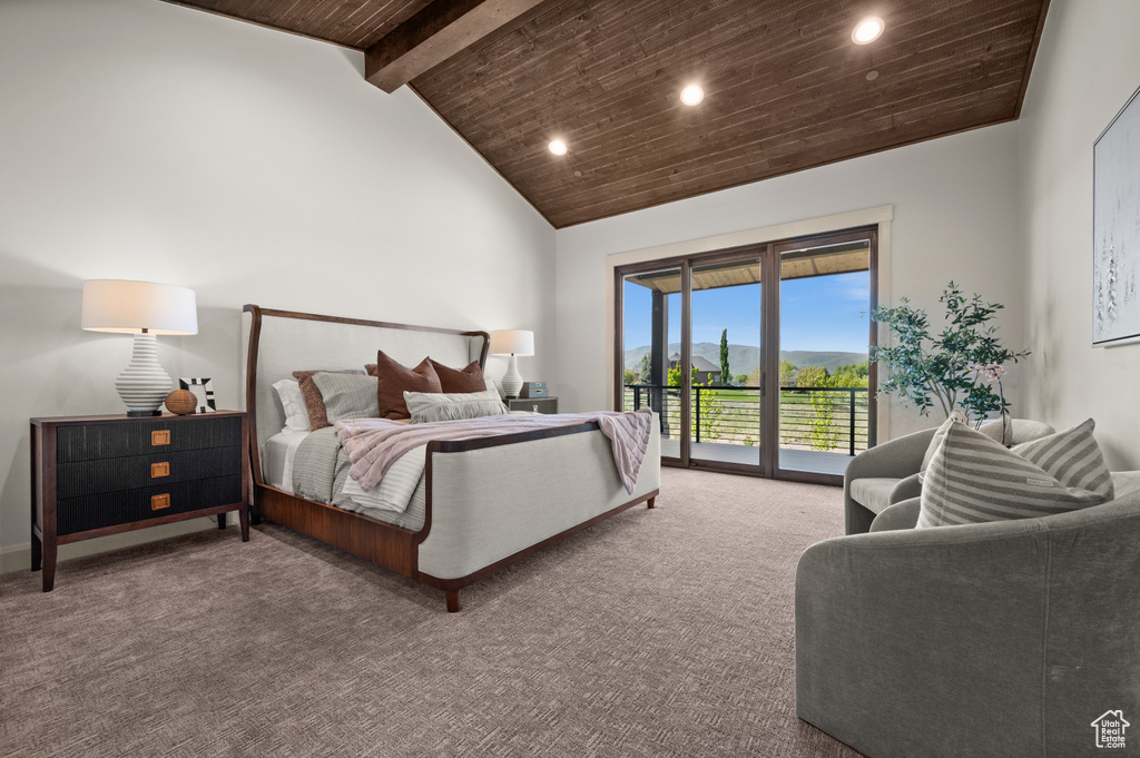 Bedroom with access to outside, carpet flooring, recessed lighting, high vaulted ceiling, and wood ceiling with exposed beams