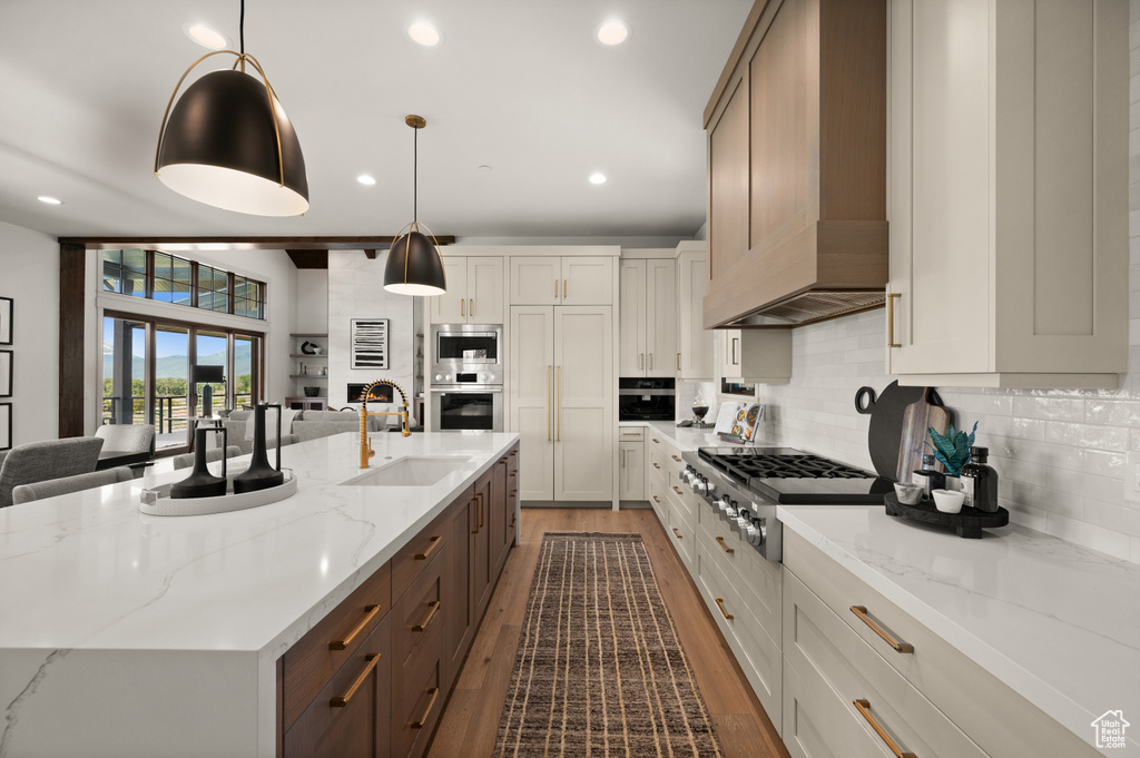 Kitchen with stainless steel appliances, a sink, wood finished floors, tasteful backsplash, and custom exhaust hood