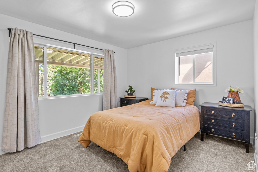 Carpeted bedroom with baseboards