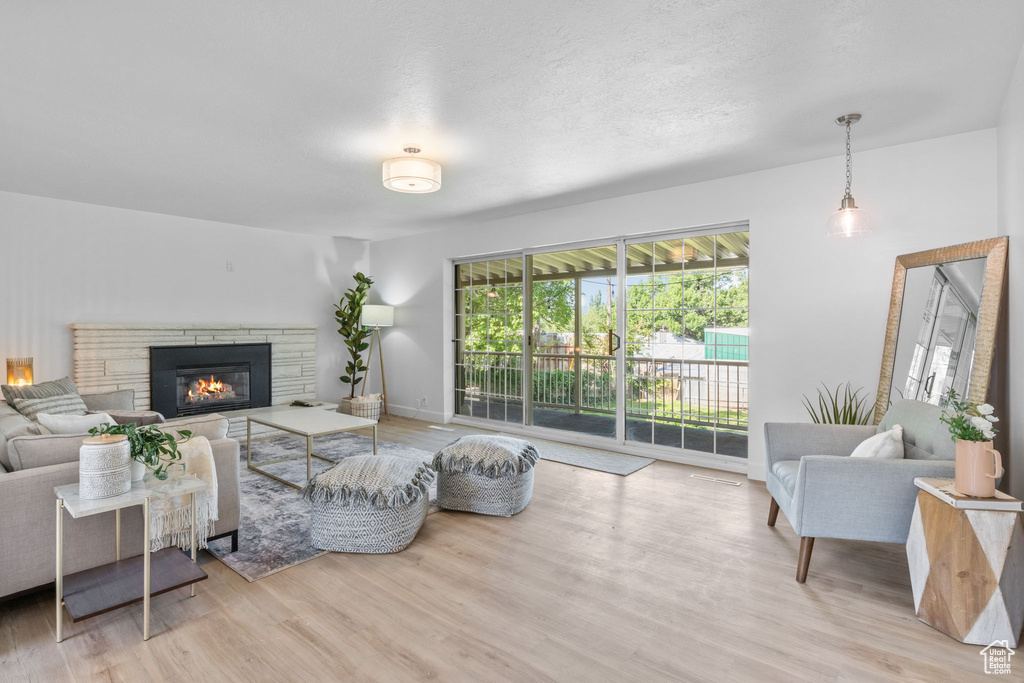 Living area featuring wood finished floors and a stone fireplace
