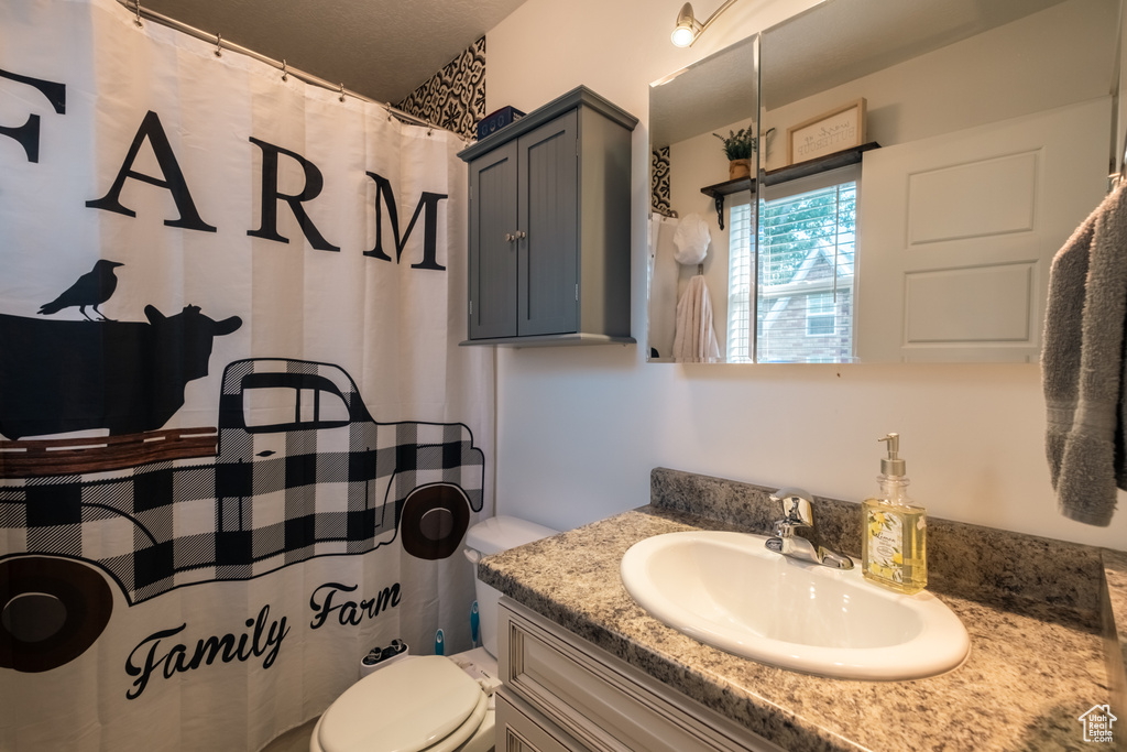 Full bath featuring toilet, vanity, and a shower with curtain