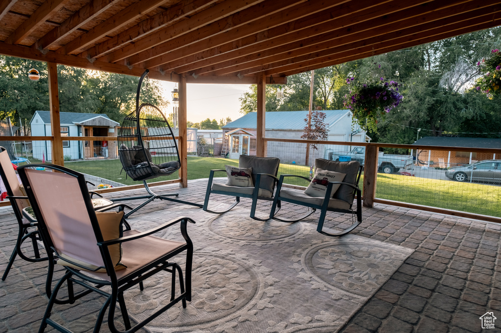 View of patio / terrace featuring an outbuilding