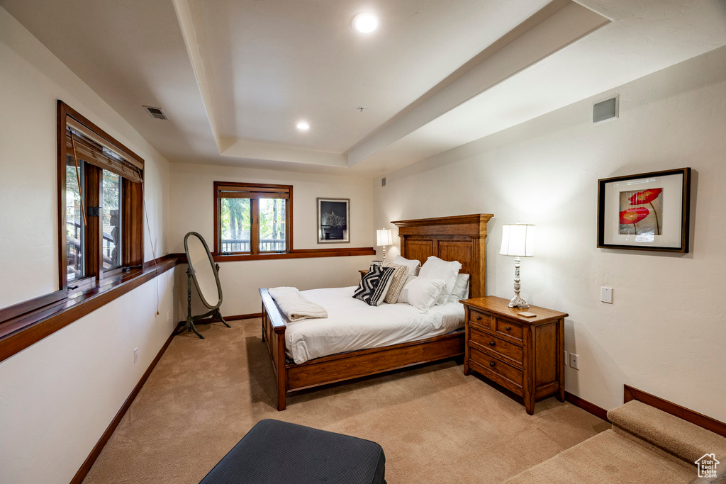 Bedroom with light carpet, baseboards, recessed lighting, and a tray ceiling