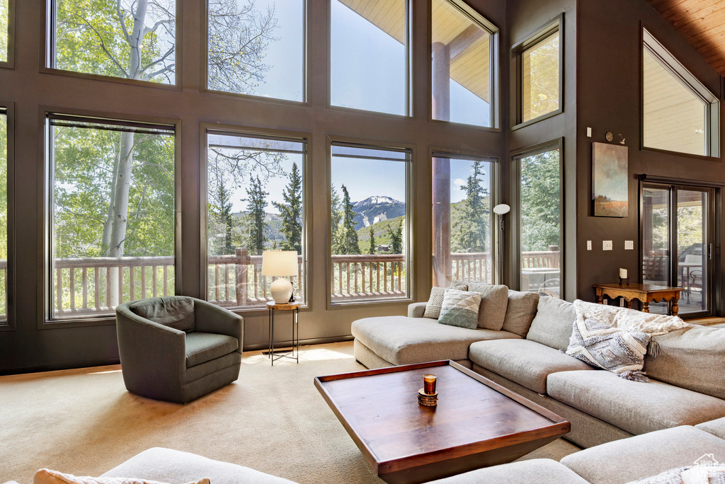 Living room with healthy amount of natural light, a mountain view, and a high ceiling